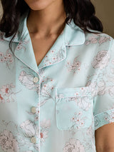 [Hemelsblauwe Bloemen] SilkSilky-NL Short Sleeve Notch Collar Dames Pyjama Set 005