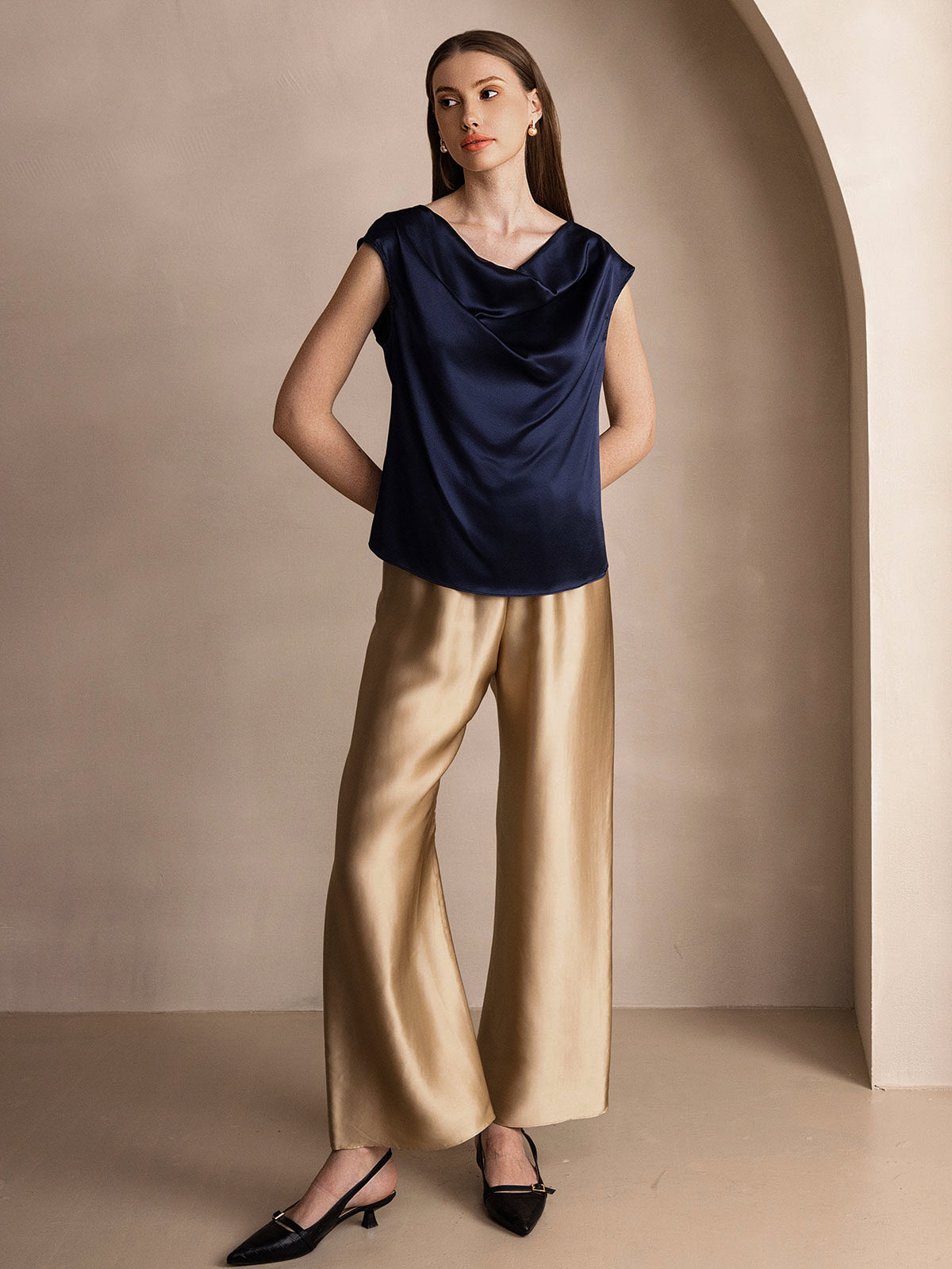 [Donkerblauw] SilkSilky-NL 19Momme Zijde Mouwloos Womens T-Shirt 008