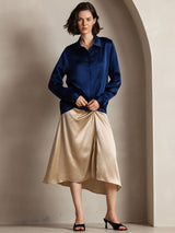 [Donkerblauw] SilkSilky-NL Long Sleeve Lapel Collar Dames Blouse 003