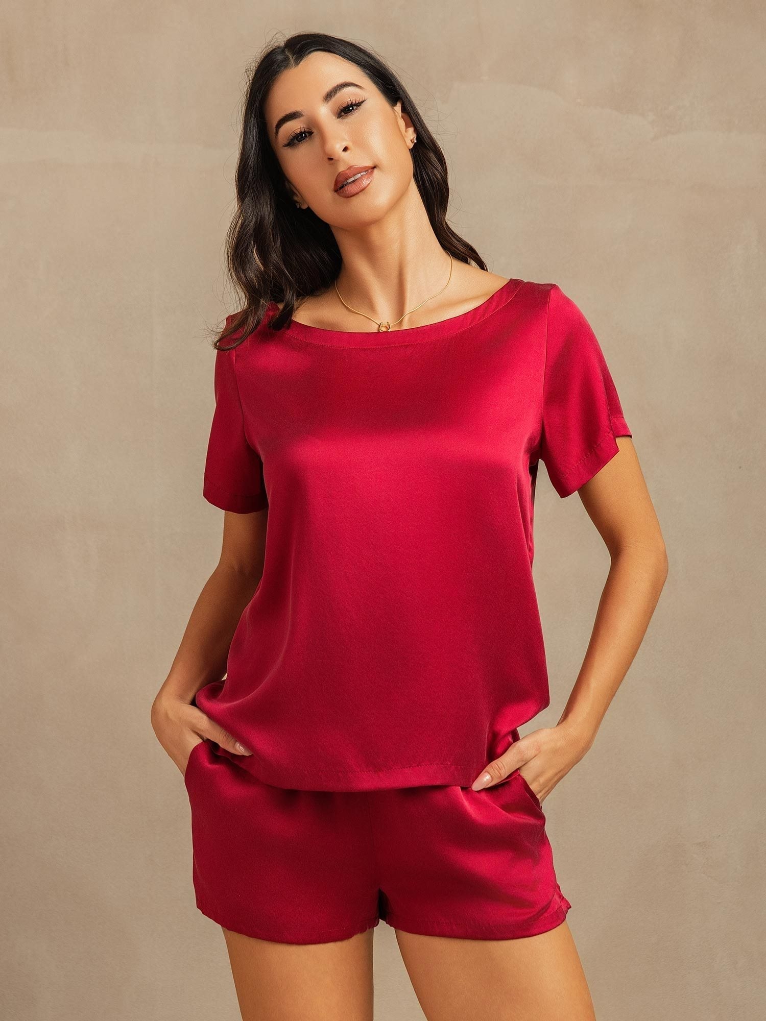 [Wijn] SilkSilky-NL 19Momme Zijde Ronde Hals Dames Pyjama Set 001,