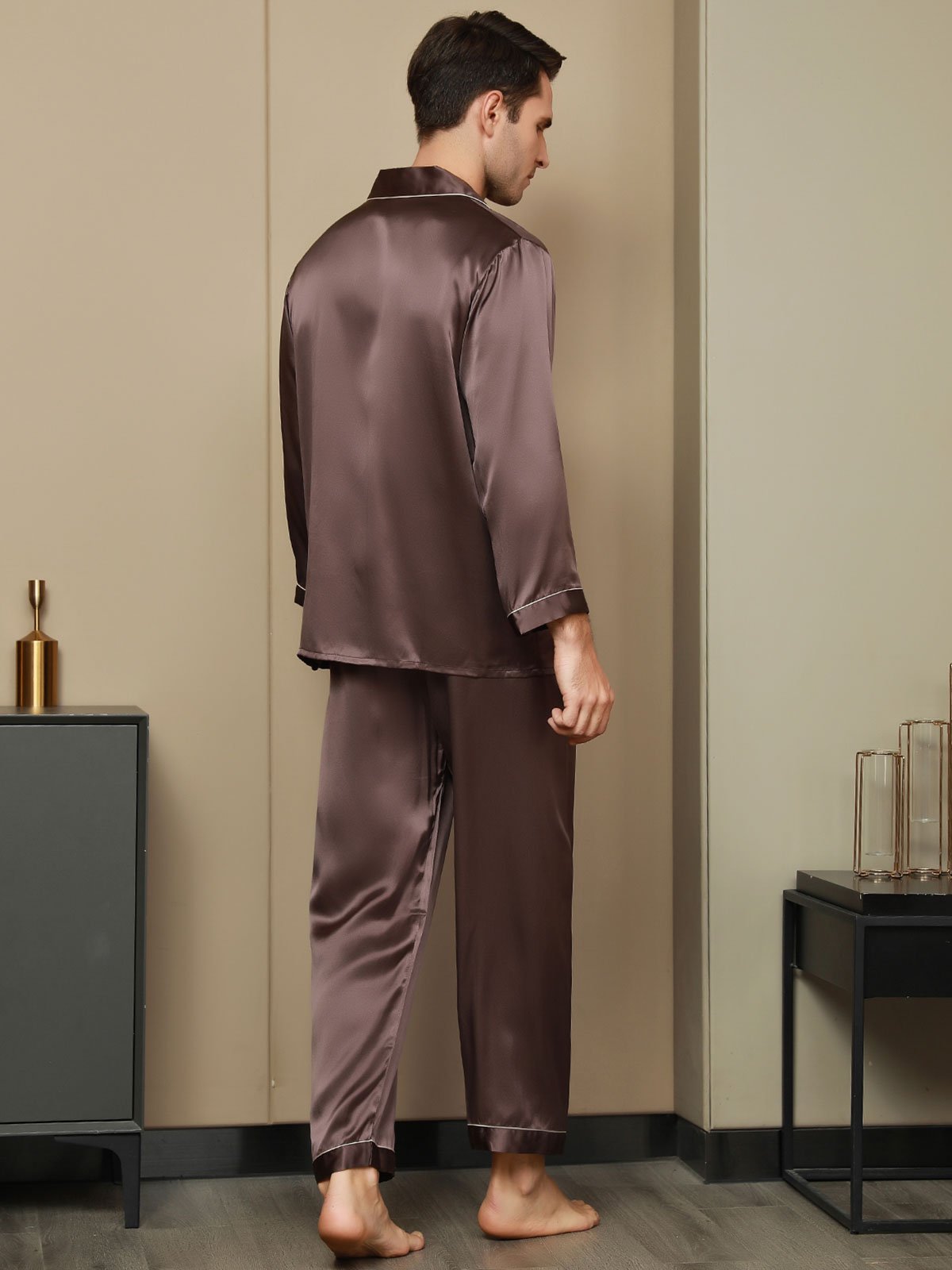 SilkSilky-NL Lange Mouw Revers Heren Pyjama Set Koffie 003