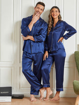 [Donkerblauw] SilkSilky-NL Pure Silk Lange Mouw Couple 001