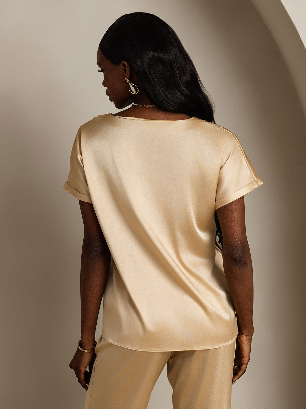 [Champagne] SilkSilky-NL 19Momme Zijde Ronde Hals Dames T-Shirt 002