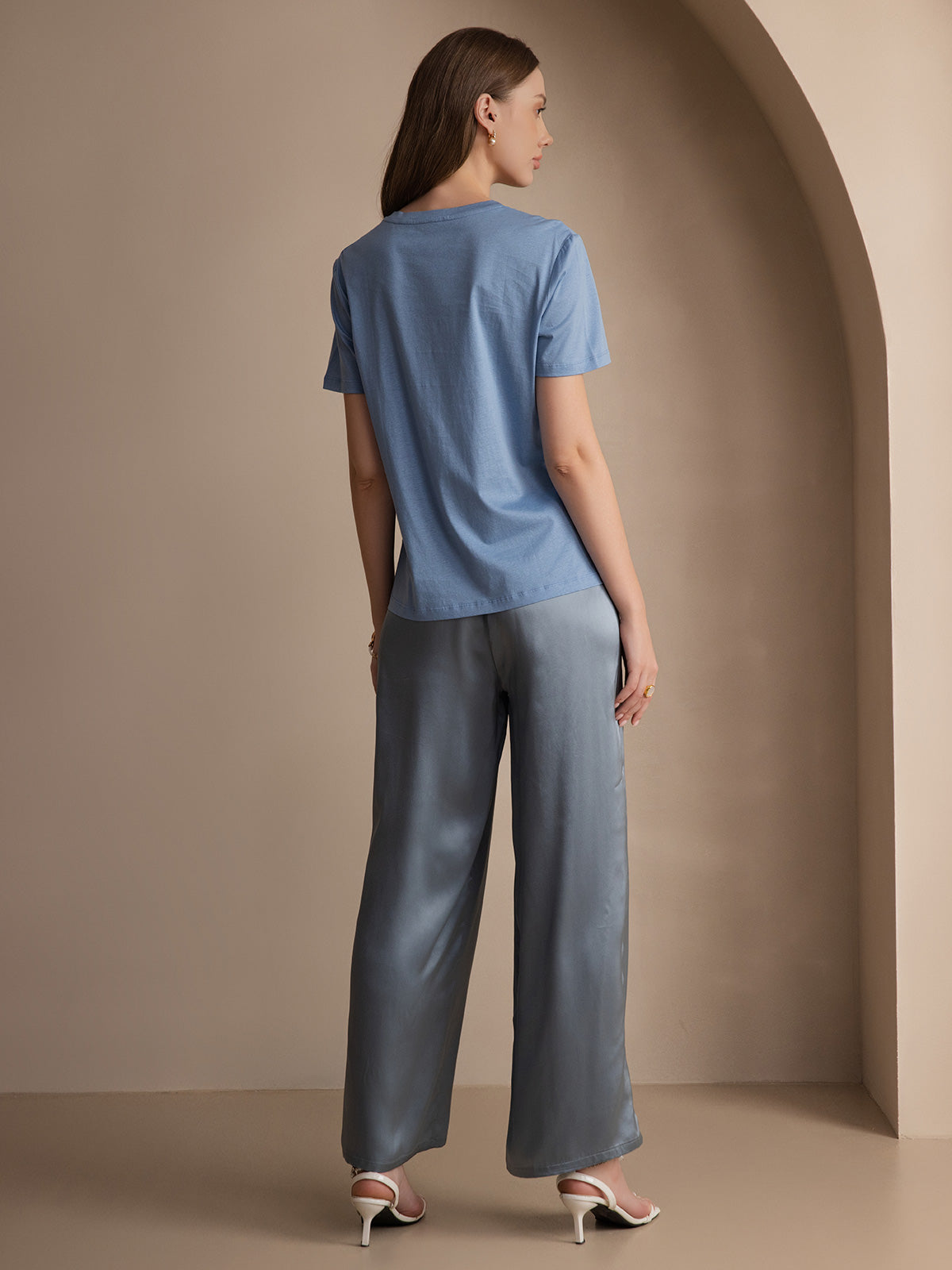 SilkSilky-NL Zijde Gebreid Korte Mouw Ronde Hals Dames T-Shirt Blauw 002