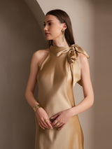 [Champagne] SilkSilky-NL 19Momme Stretch Silk Charmeuse Sleeveless Tie Neck Jurk 004