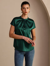 [Donkergroen] SilkSilky-NL Short Sleeve Split Blouse 003