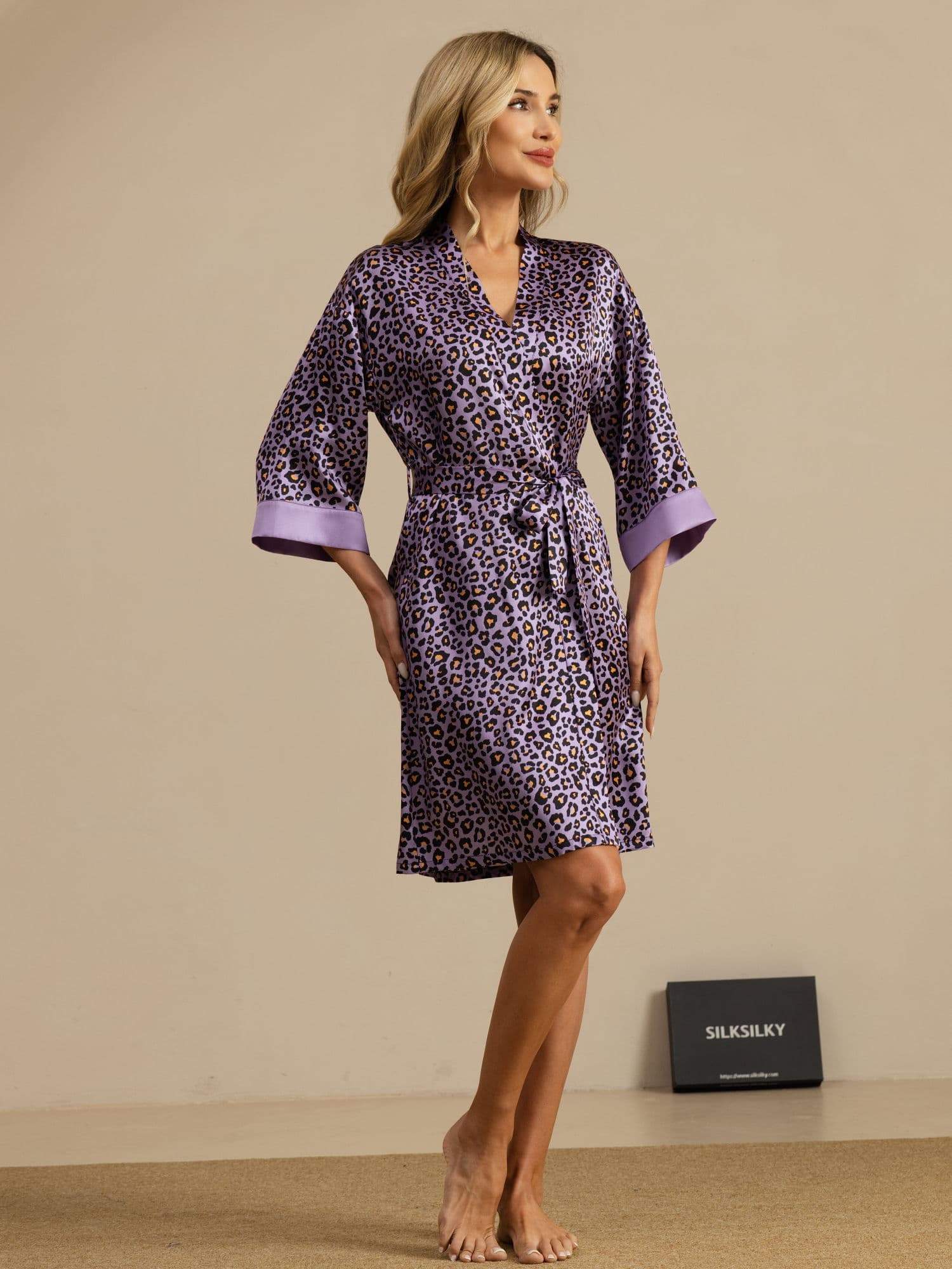 [Paarse Luipaard] SilkSilky-NL 19Momme 3/4 Mouw Dames Kamerjas 005