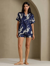 [Marineblauwe Jachtluipaard] SilkSilky-NL Short Sleeve Notch Collar Dames Pyjama Set 007