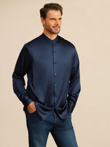 [Donkerblauw] SilkSilky-NL Long Sleeve Stand Collar Heren Shirt 006