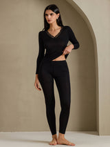 [Zwart] SilkSilky-NL Long Sleeve V Neck Dames Lange Onderkleding 004