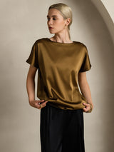 [Bruin] SilkSilky-NL 19Momme Korte Mouw Boat Hals Dames T-Shirt 004