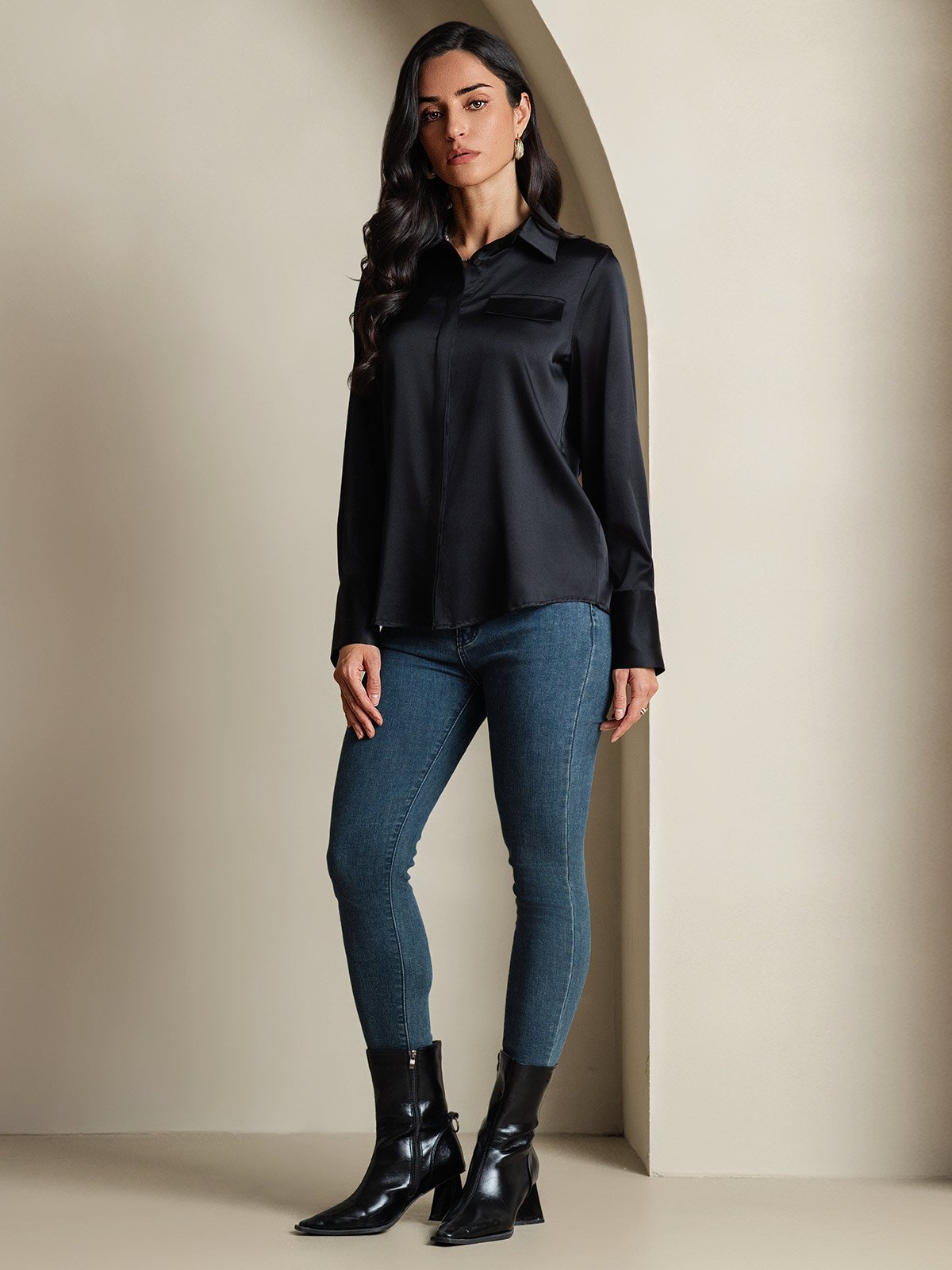 SilkSilky-NL 19Momme Zijde Lange Mouw Kraag Dames Blouse Zwart 008