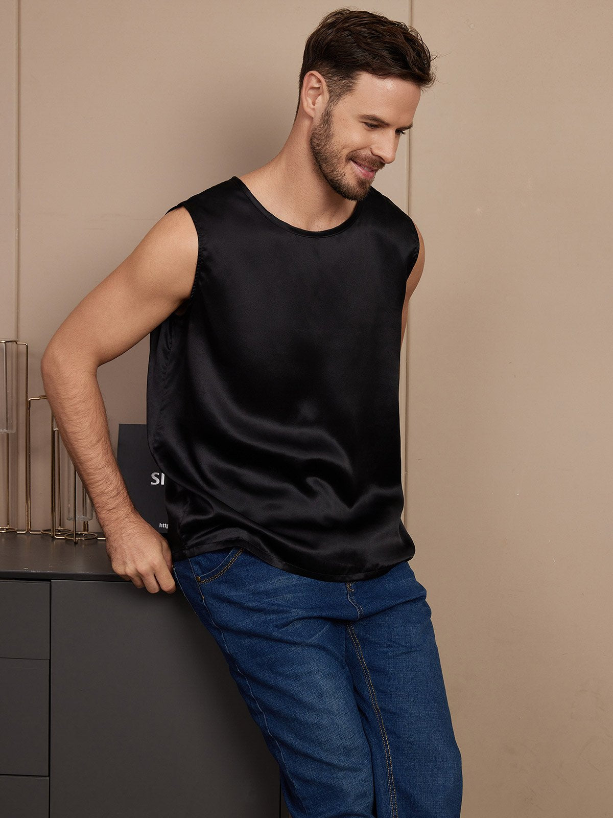 SilkSilky NL Pure Silk Mouwloos Mens T Shirt Zwart 005