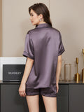 SilkSilky-NL Korte Mouw Revers Dames Pyjama Set PaarsGrijs 002