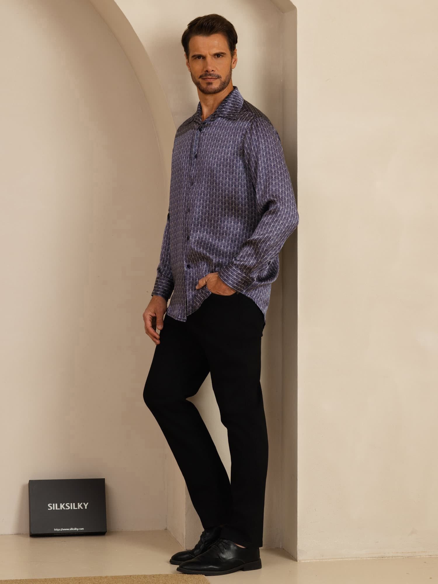 [Marine Ginkgo] SilkSilky-NL Lange Mouw Reverskraag Heren Shirt 007