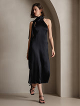 [Zwart] SilkSilky-NL 19Momme Stretch Silk Charmeuse Sleeveless Tie Neck Jurk 007