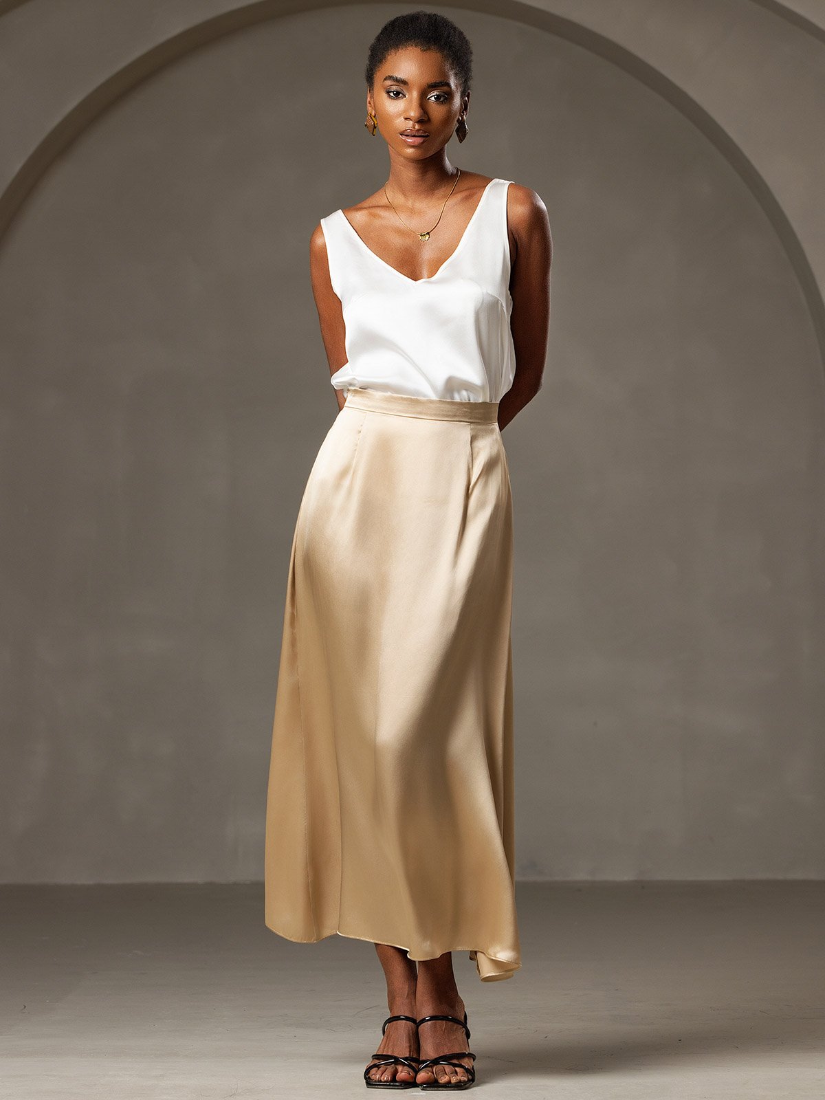 [Champagne] SilkSilky-NL 19Momme Zijde Skirt 001