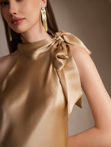 [Champagne] SilkSilky-NL 19Momme Stretch Silk Charmeuse Sleeveless Tie Neck Jurk 003
