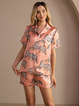 [Roze Kat] SilkSilky-NL Short Sleeve Lapel Collar Dames Pyjama Set 003