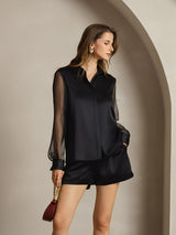 [Zwart] SilkSilky-NL Long Sleeve Lapel Collar Dames Blouse 003