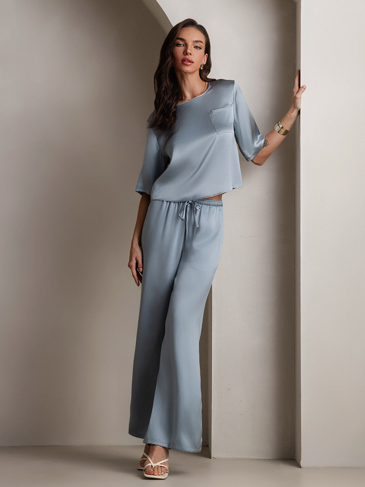 [Grijsachtig Blauw] SilkSilky-NL Ronde Hals Dames Pyjama Set 001,