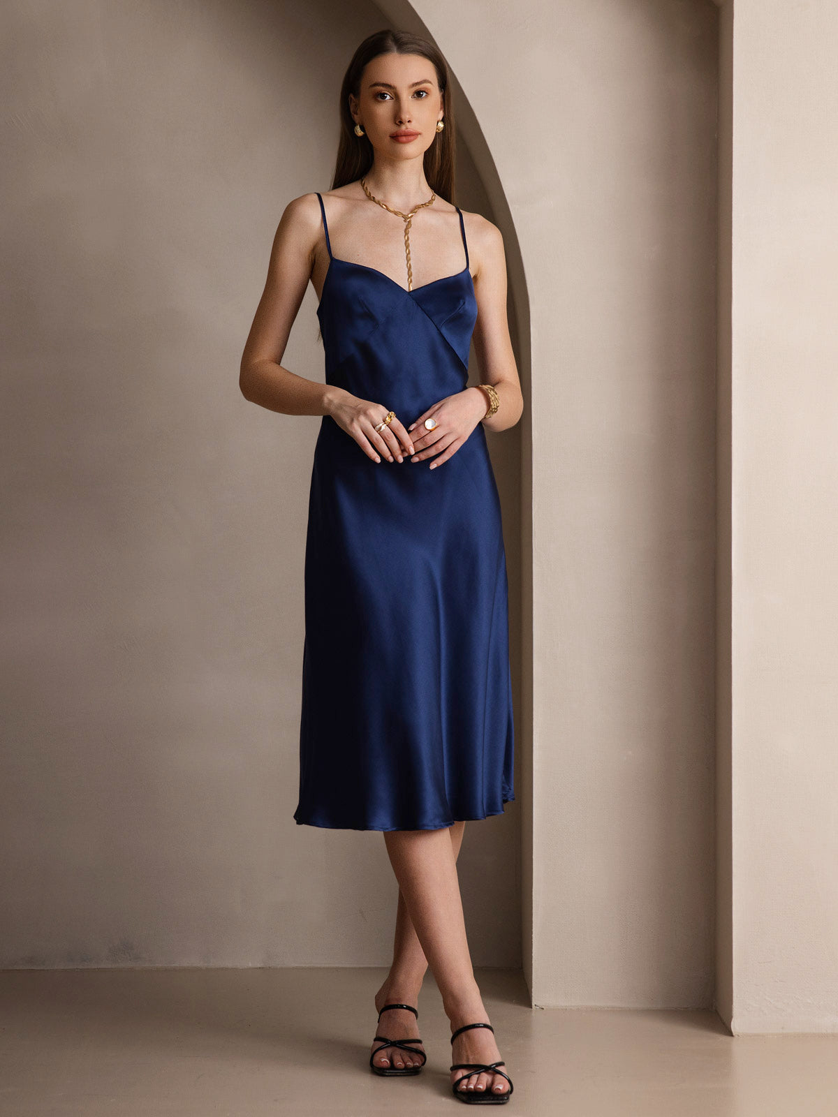 [Donkerblauw] SilkSilky-NL 19Momme V-Hals Jurk 005