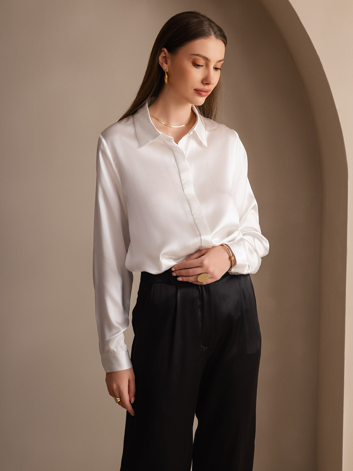 [Wit] SilkSilky-NL 19Momme Zijde Lapel Collar Dames Blouse 006