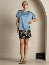 [Grijsachtig Blauw] SilkSilky-NL 19Momme Korte Mouw Boat Hals Dames T-Shirt 006