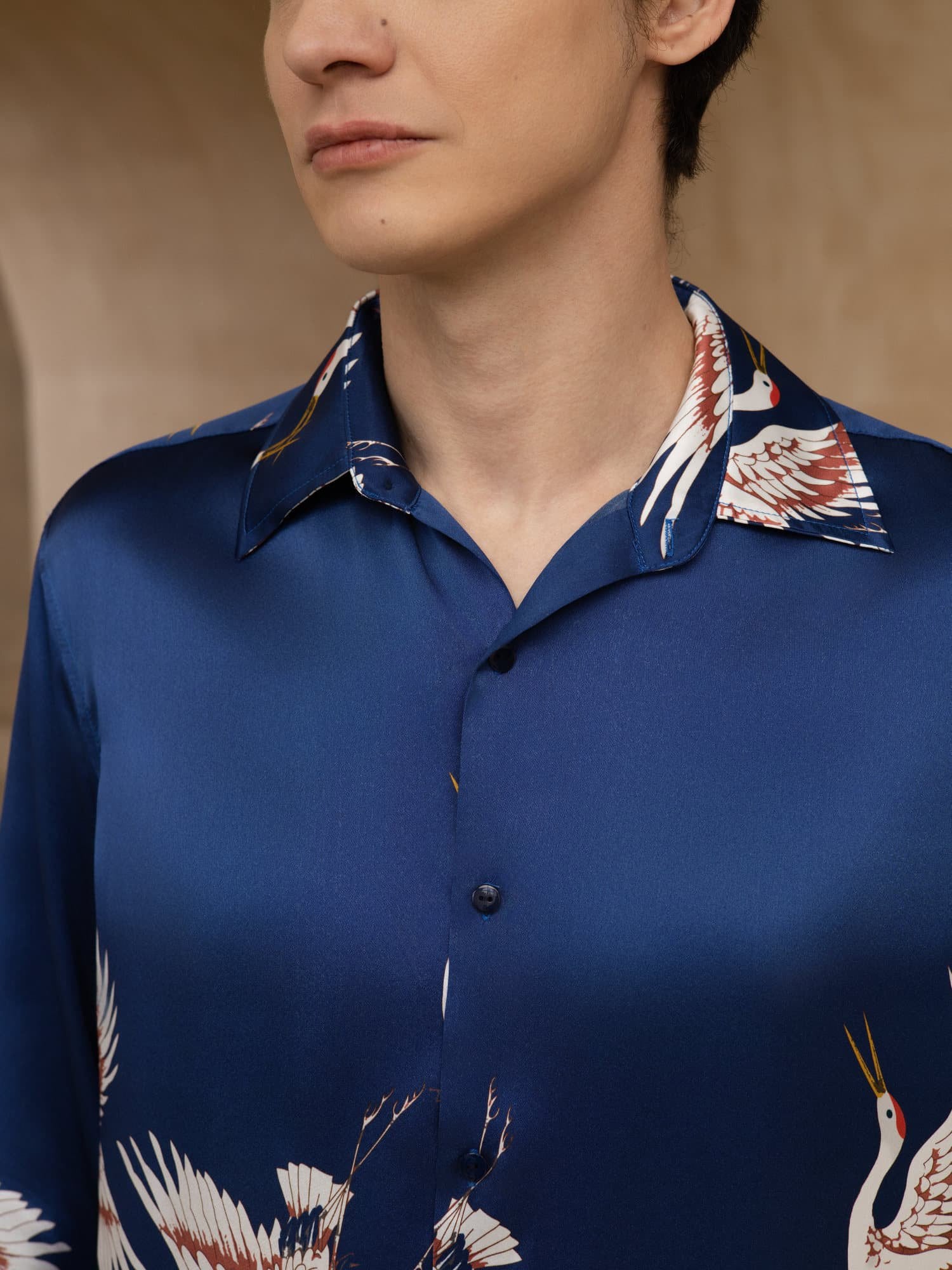 [Donkerblauw] SilkSilky-NL 19Momme Lange Mouw Reverskraag Heren Shirt 006