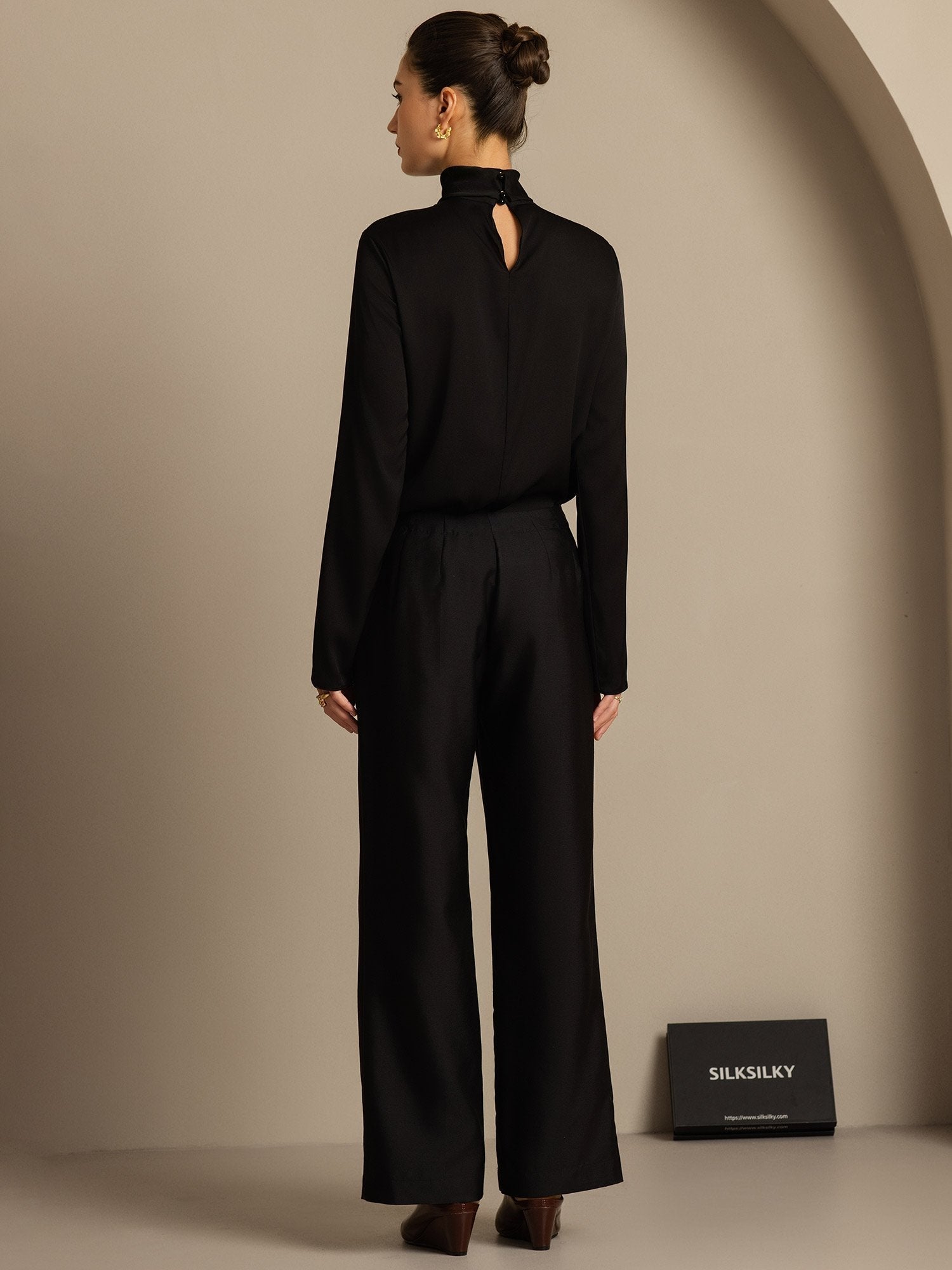 [Zwart] SilkSilky-NL 32Momme Silk-Wool Blend Womens Pants 002,