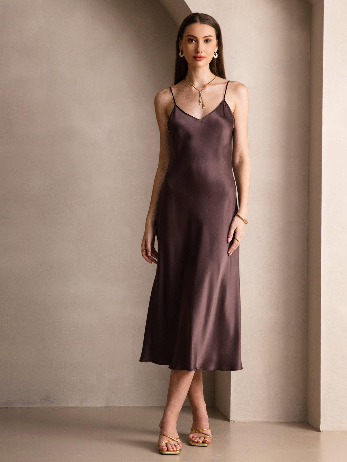 [Koffie] SilkSilky-NL Ronde Hals Jurk 006