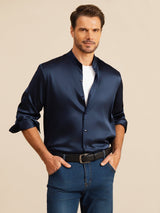 [Donkerblauw] SilkSilky-NL Long Sleeve Stand Collar Heren Shirt 001