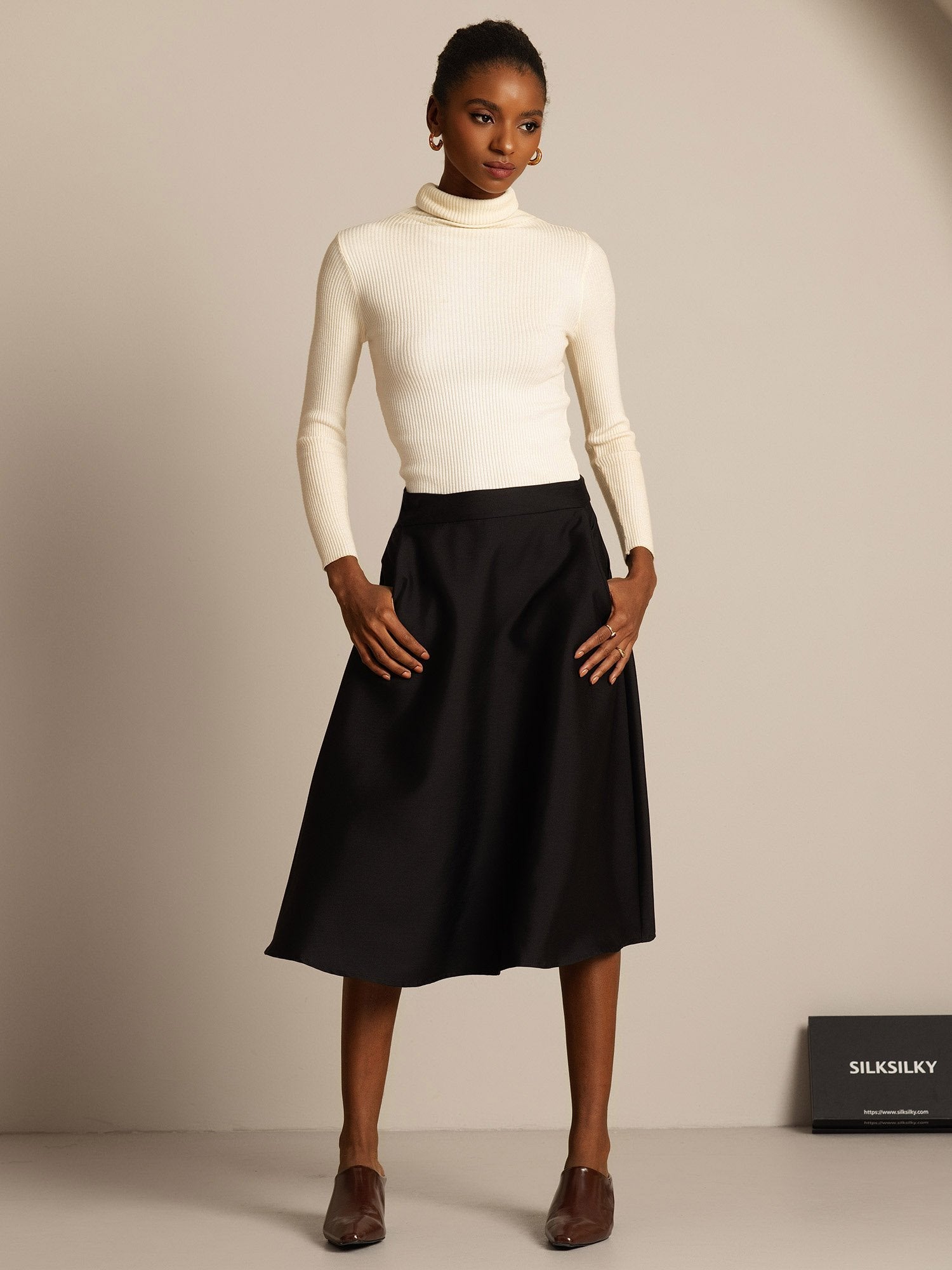 [Zwart] SilkSilky-NL 32Momme Silk-Wool Blend Skirt 007,