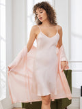 SilkSilky NL Pure Silk 3/4 Mouw Nightgown&Robe Set Lichtroze 003