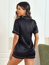 [Zwart] SilkSilky-NL Korte Mouw Notchkraag Dames Pyjama Set 002