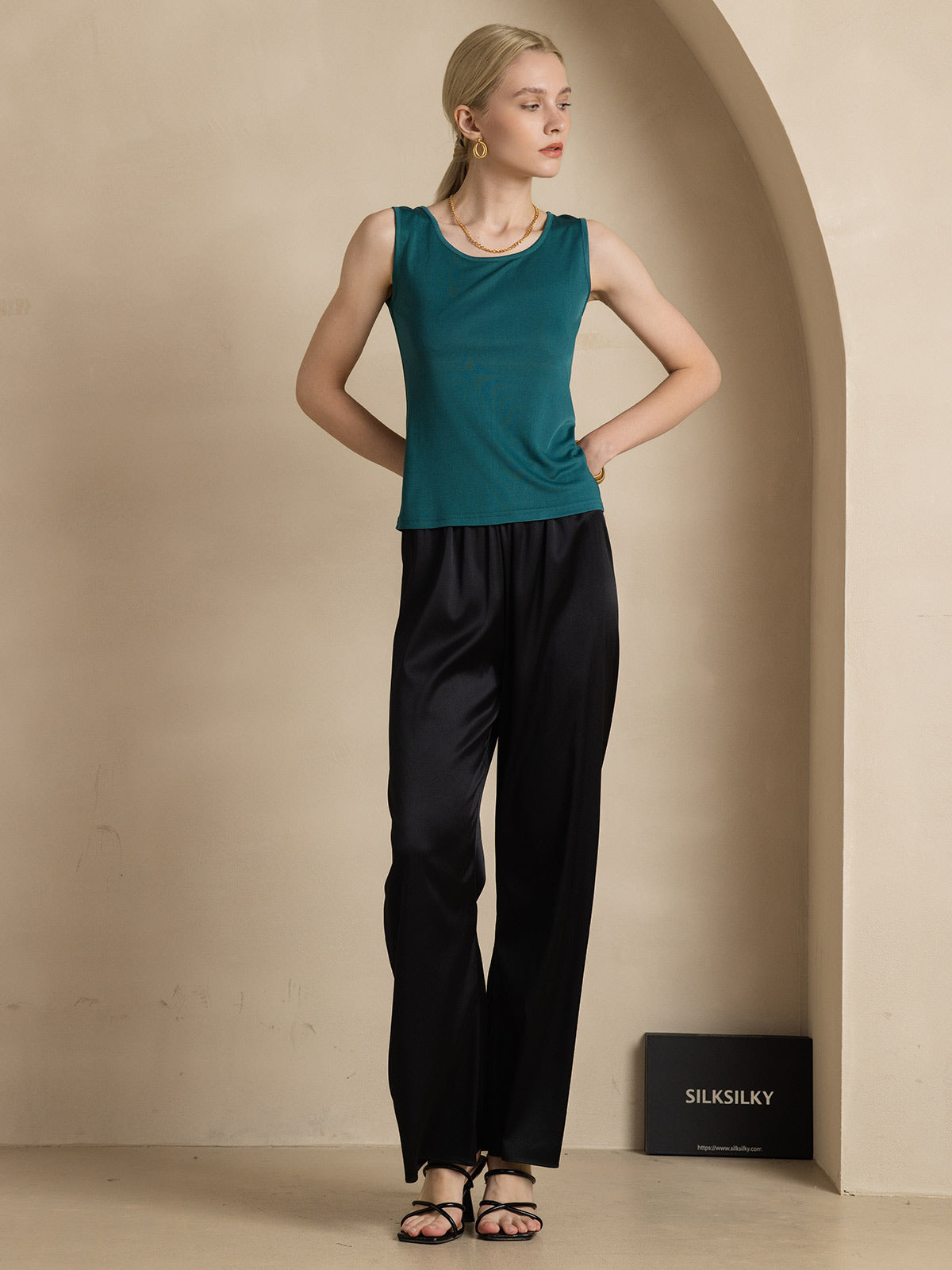 [Donkergroen] SilkSilky-NL Zijde Gebreid Ronde Hals Dames T-Shirt 006