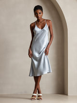 [Grijsachtig Blauw] SilkSilky-NL Pure Silk Mouwloos V-Hals Jurk 005