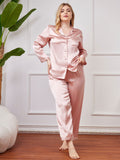 SilkSilky NL Pure Silk Lange Mouw Revers Dames Grote maten Pyjama Set Roze 004