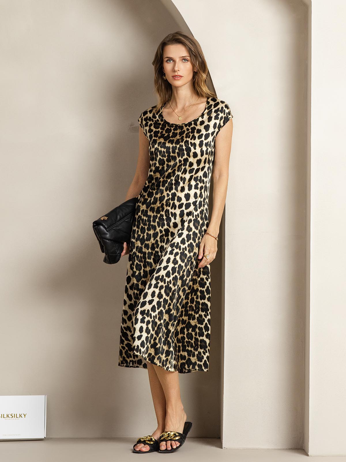 [Leopard] SilkSilky-NL 19Momme Zijde Ronde Hals Jurk 005
