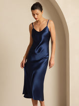 [Donkerblauw] SilkSilky-NL Spaghetti Strap V Neck Jurk 007