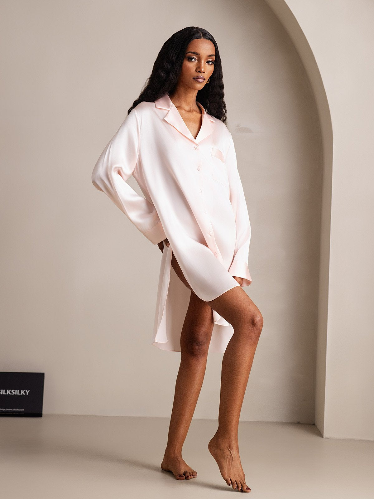 [Lichtroze] SilkSilky-NL Zijde Kraag Nachthemd 005