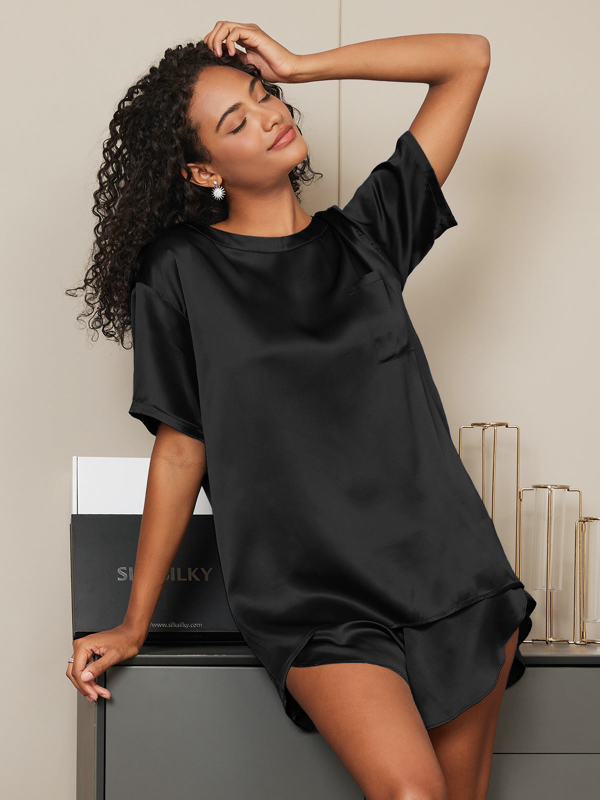 [Zwart] SilkSilky-NL Ronde Hals Dames Pyjama Set 002