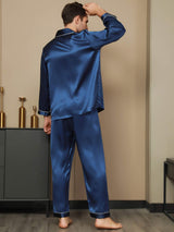[Donkerblauw] SilkSilky-NL Pure Silk Lange Mouw Revers Heren Pyjama Set 004