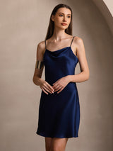 [Donkerblauw] SilkSilky-NL Spaghetti Strap Cowl Neck Jurk 003