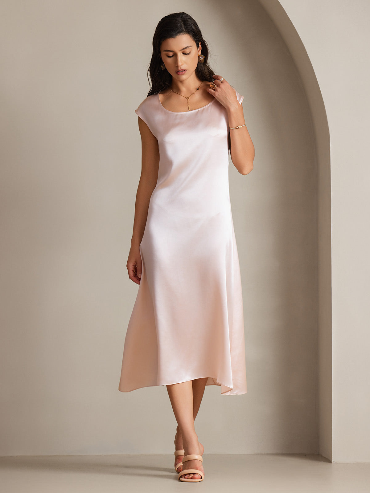 SilkSilky-NL 19Momme Zijde Mouwloos Ronde Hals Jurk Roze 005