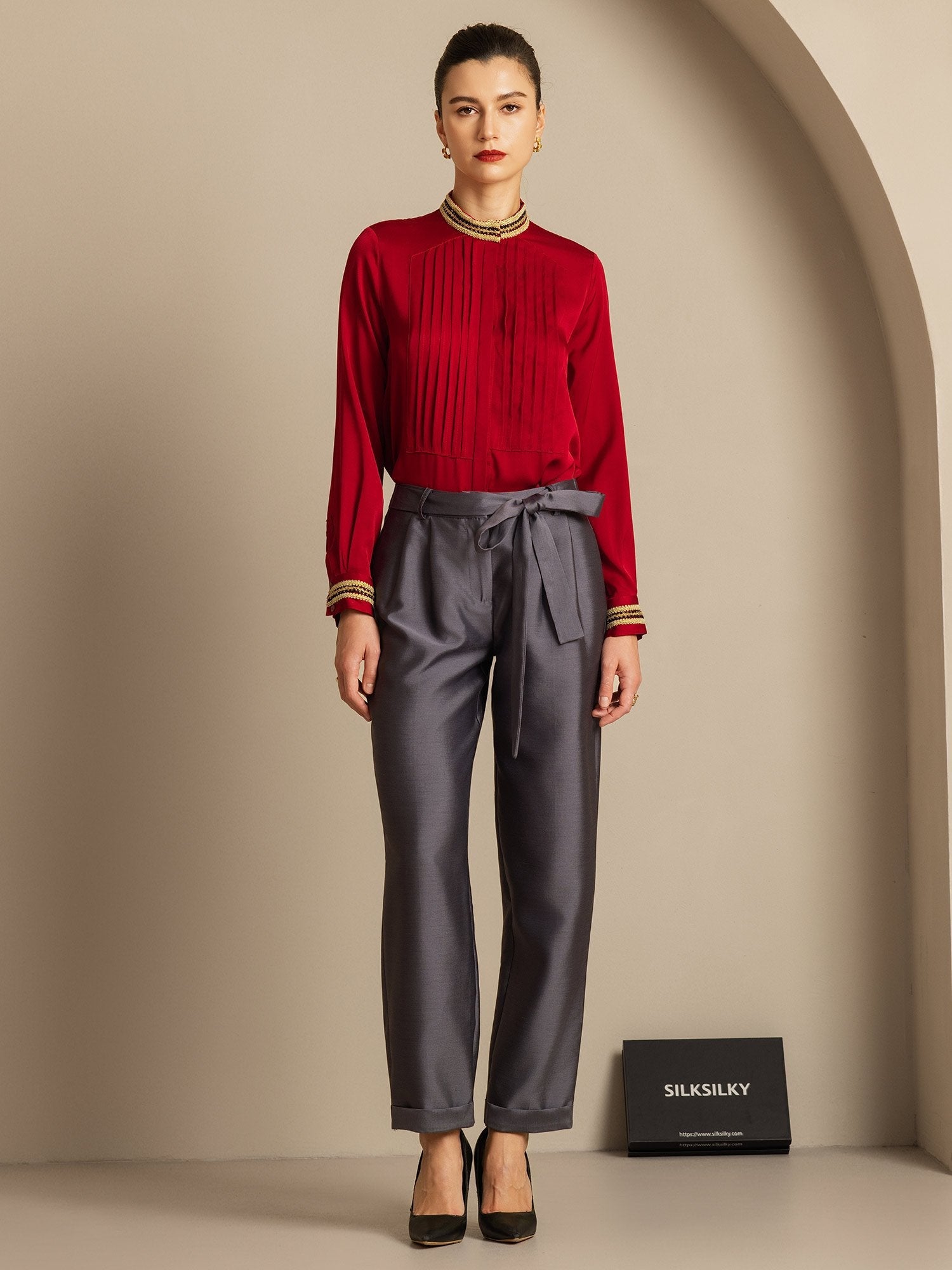 [Grijs] SilkSilky-NL 32Momme Silk-Wool Blend Womens Pants 006,