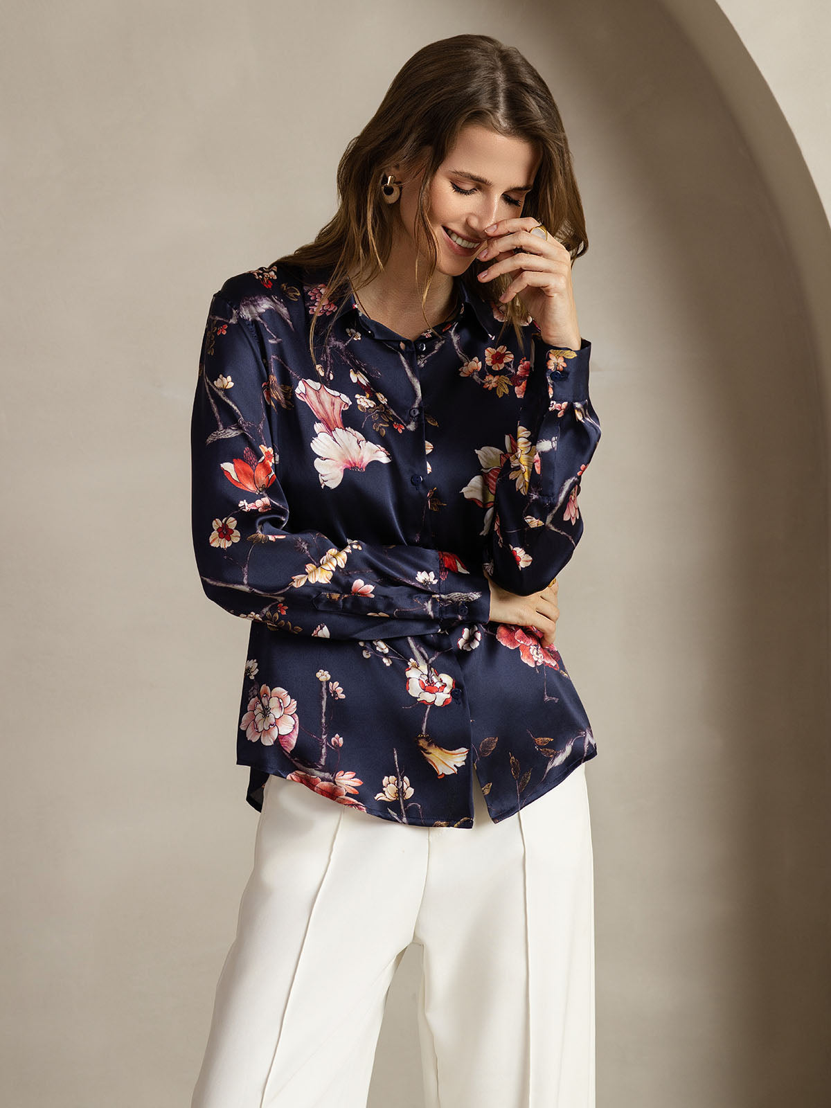 [Marine Bloemen] SilkSilky-NL Zijde Lange Mouw Kraag Dames Blouse 008