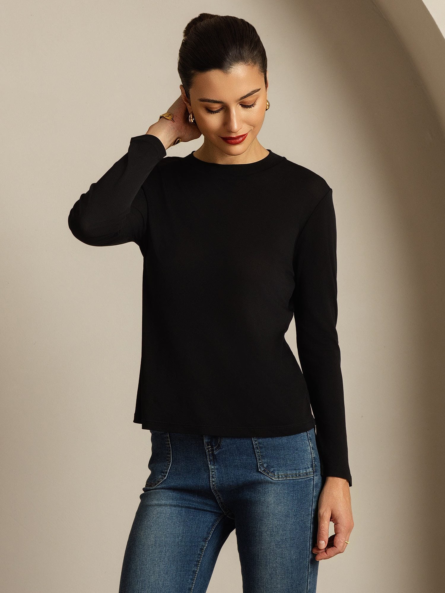 [Zwart] SilkSilky-NL Zijde Ronde Hals Dames T-Shirt 006
