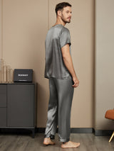 [Donkergrijs] SilkSilky-NL Pure Silk Korte Mouw Ronde Hals Heren Pyjama Set 002