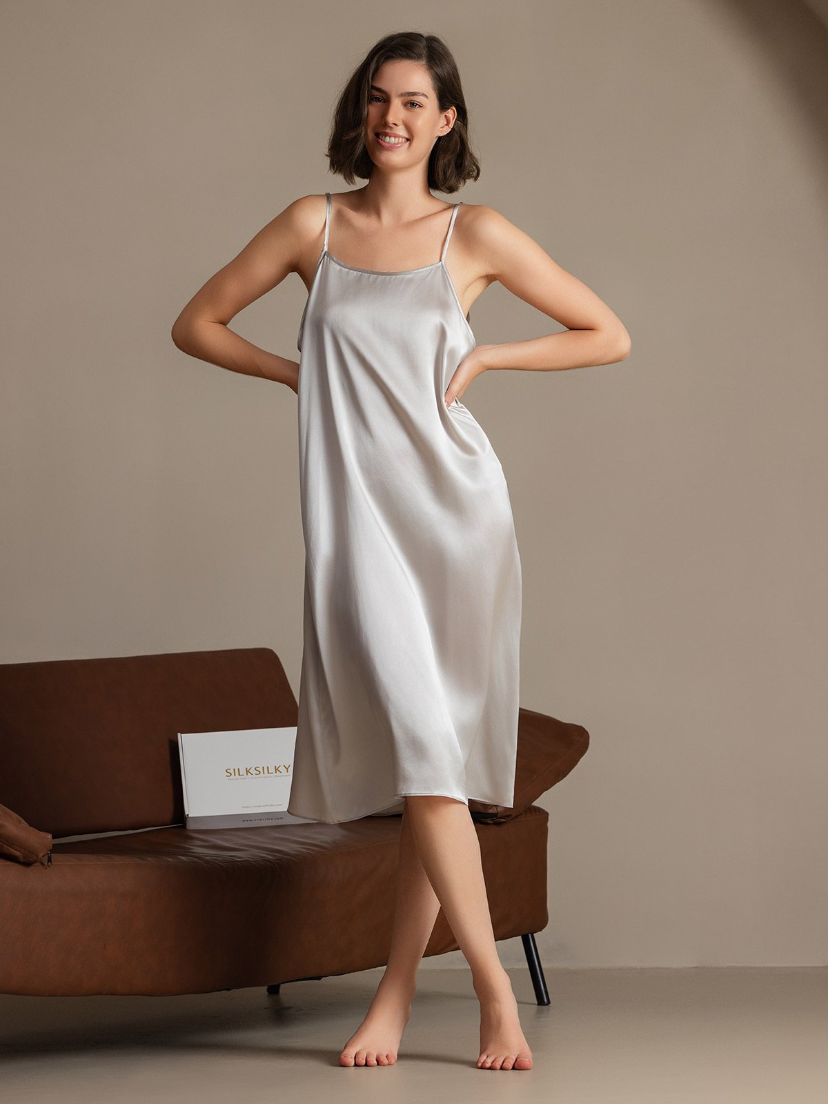 [Lichtgrijs] SilkSilky-NL 19Momme Zijde Mouwloos Dress 003